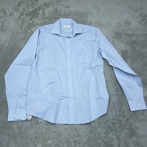 Calvin Klein Mens Wrinkle Free Dress Shirt Regular Fit Size L Blue Stretch A0652 - Picture 1 of 8